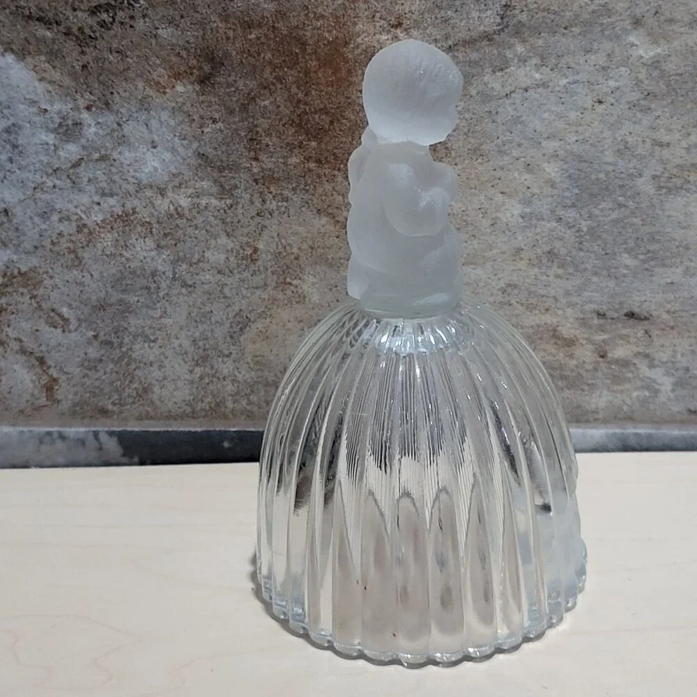 Vintage Ribbed Crystal Bell Frosted Glass Praying Child Figure 1978